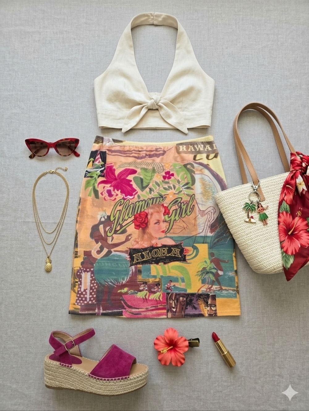 VTG Boston Proper Glamour Girl Aloha Hawaii Hula Skirt Mini Retro Tiki Graphic